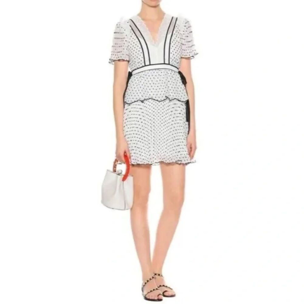 Self-Portrait Plumetis Frill Dress White & Black Pleated Size 2 NWT | Polka Dot